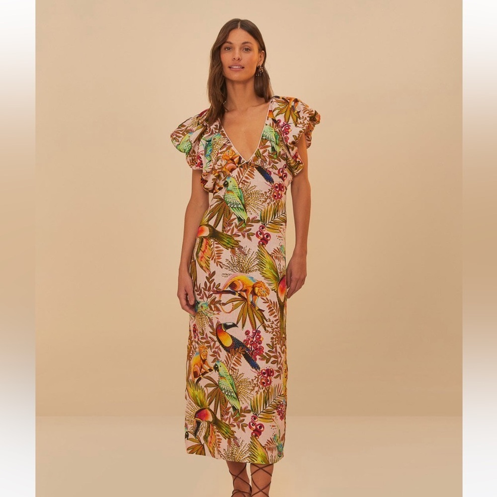 NWT Farm Rio Into The Jungle Premium Linen Midi Dress Pink XS